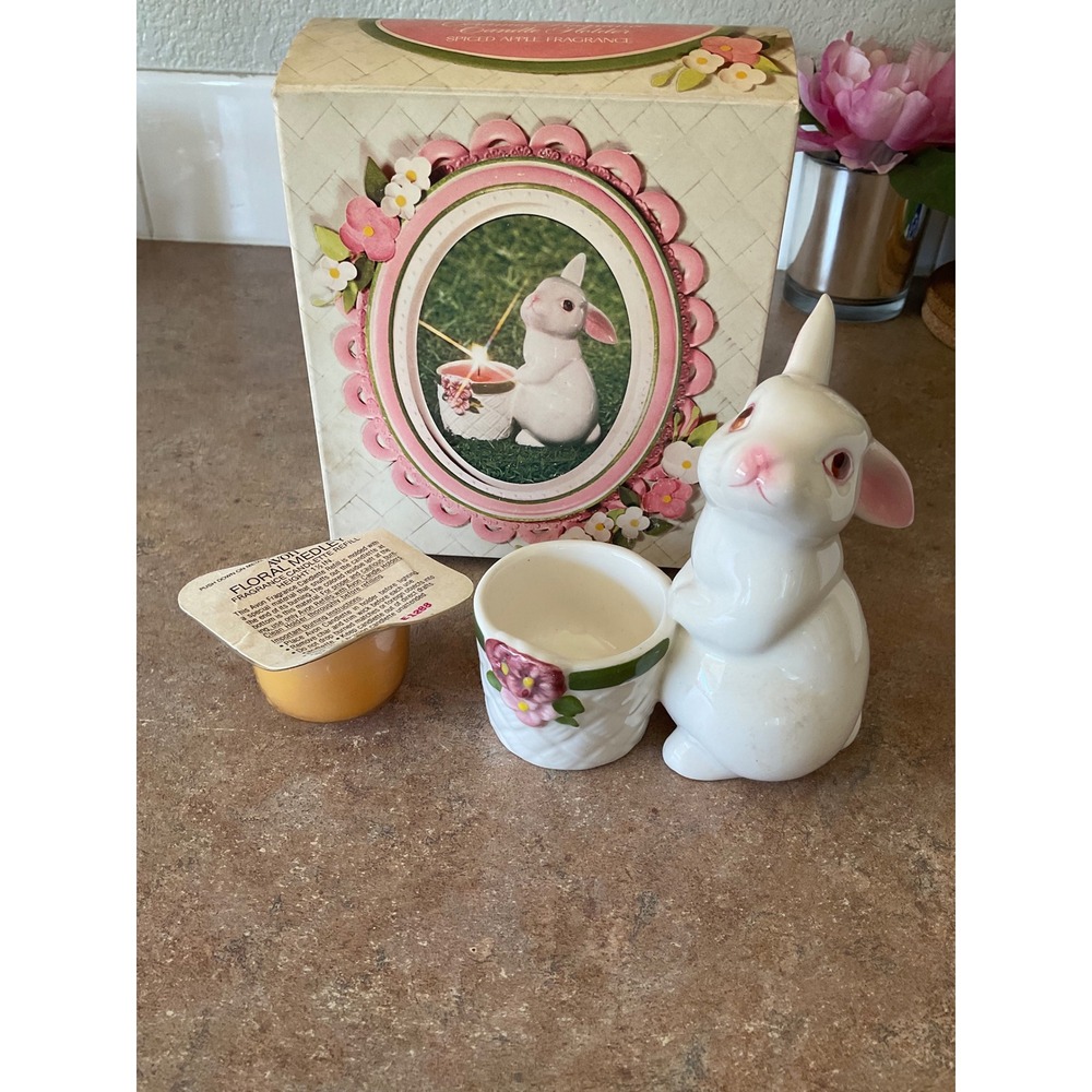Vintage 1980 Avon Bunny Bright Ceramic Fragrance Candle Holder with‎ Box Refill